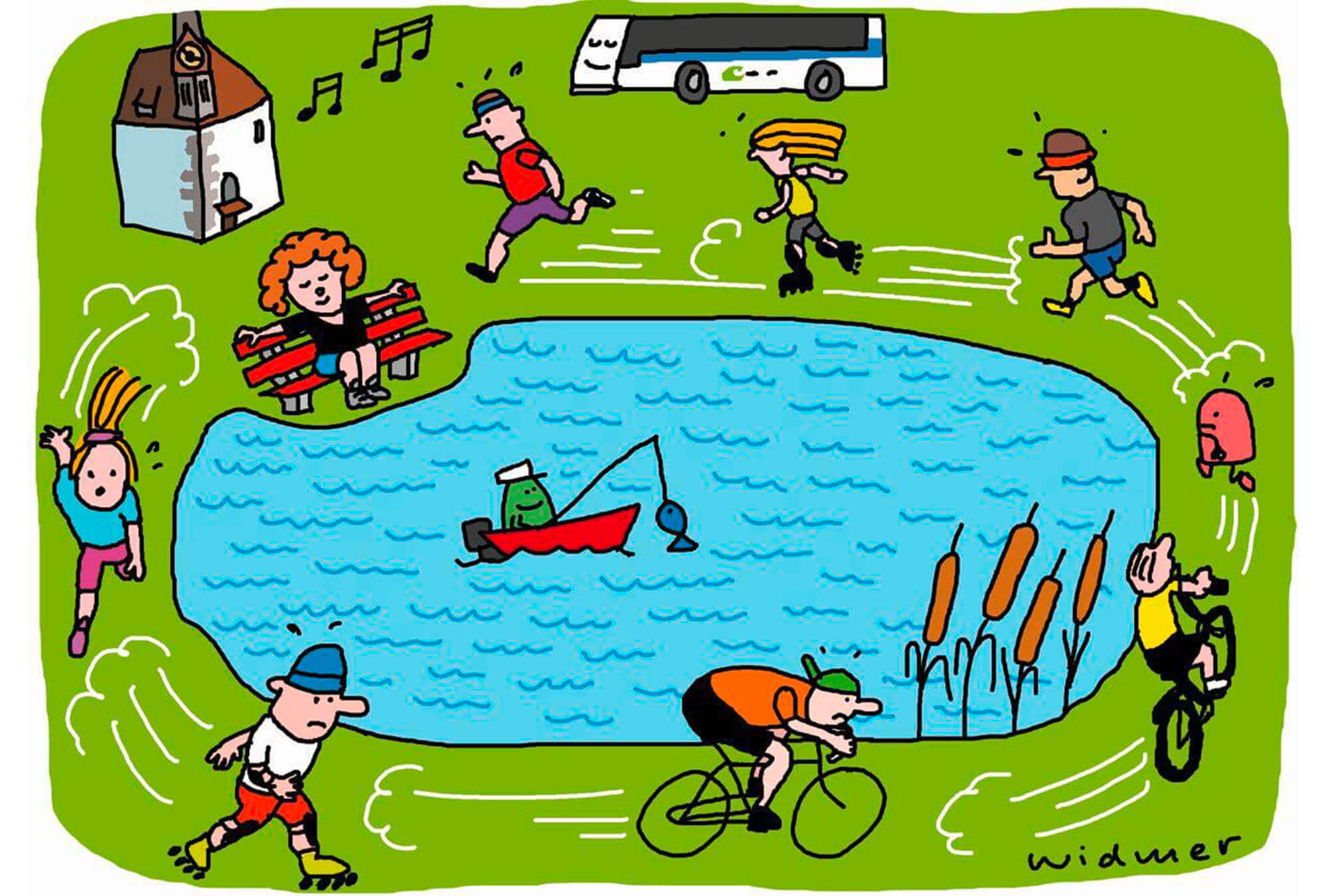 Menschen machen Sport rund um den See