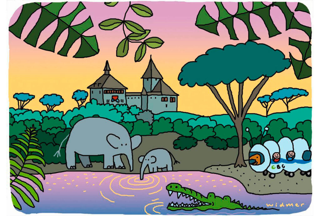 Vordergrund Elephanten, Hintergrund Schloss