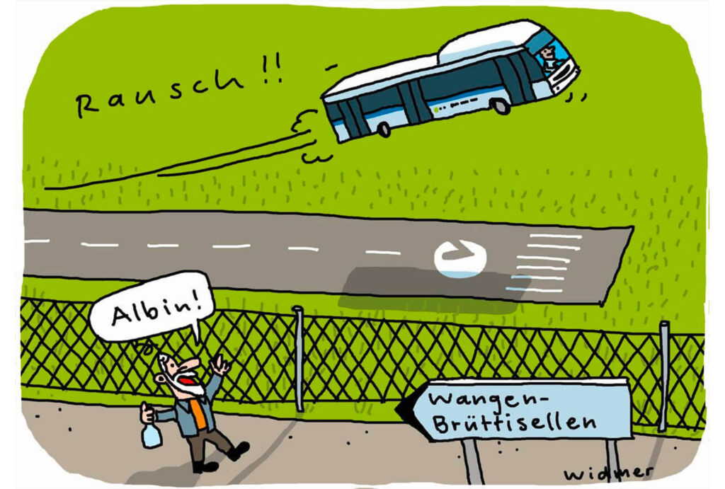 Zeichnung von Ruedi Widmer zur Geschichte Wangen-Brüttisellen – überraschend unterwegs