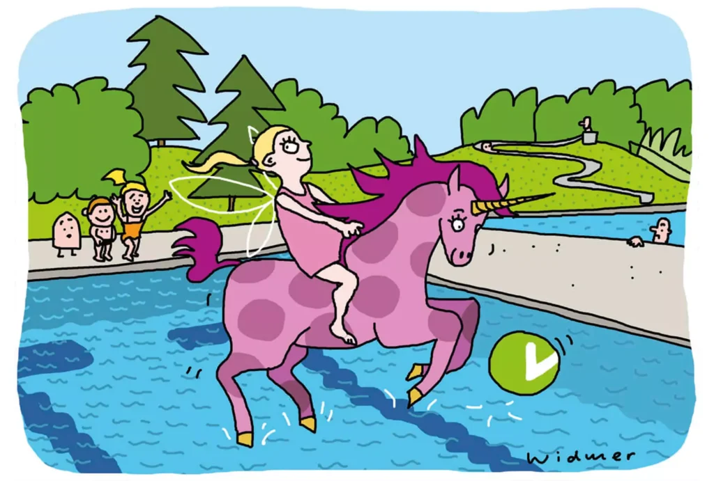 Pinkes Einhorn im Schwimmbad mit Mädchen