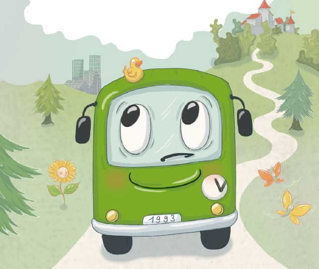 Der gezeichnete VBG-Bus aus dem Kinderbüchlein fährt durch die Regionen des VBG-Gebiets Glattal, Furttal und Volketswil/Effretikon.